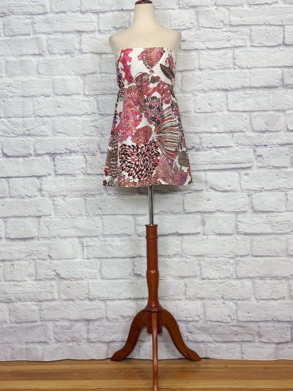 Tibi White Silk Aquatic Print Strapless Babydoll Dress